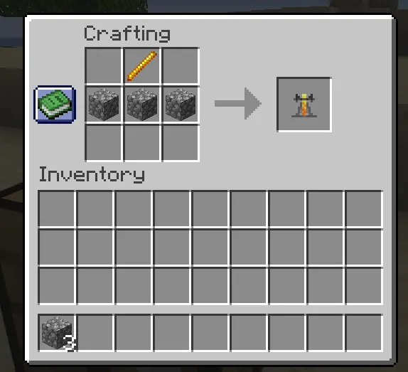 Minecraft brewing stand crafting recipe showing blaze rod and cobblestone placement