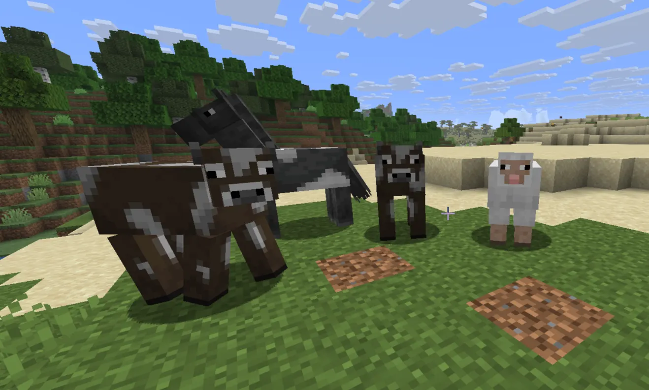 Minecraft plains biome animals, cows, sheep horse