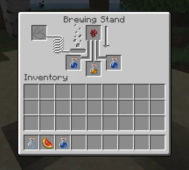 Minecraft potion of healing being brewed in a brewing stand, step-by-step tutorial