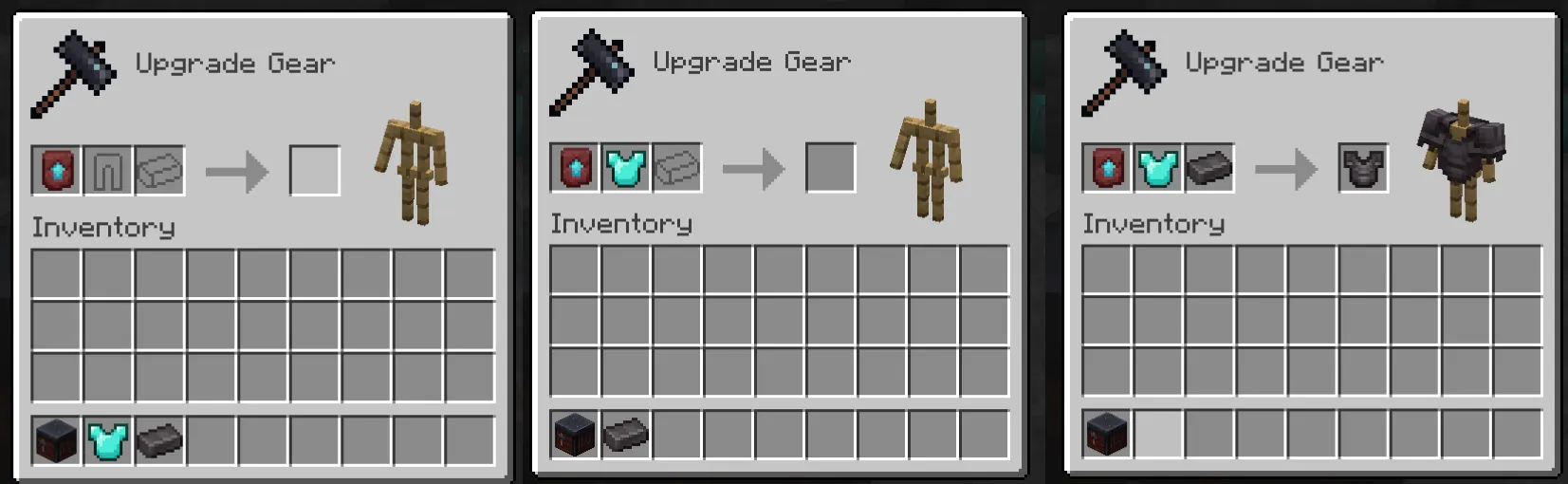 Minecraft smithing table upgrading diamond chestplate into Netherite chestplate