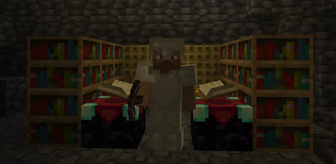 Enchanted Netherite armor beside an enchantment table and bookshelves in Minecraft