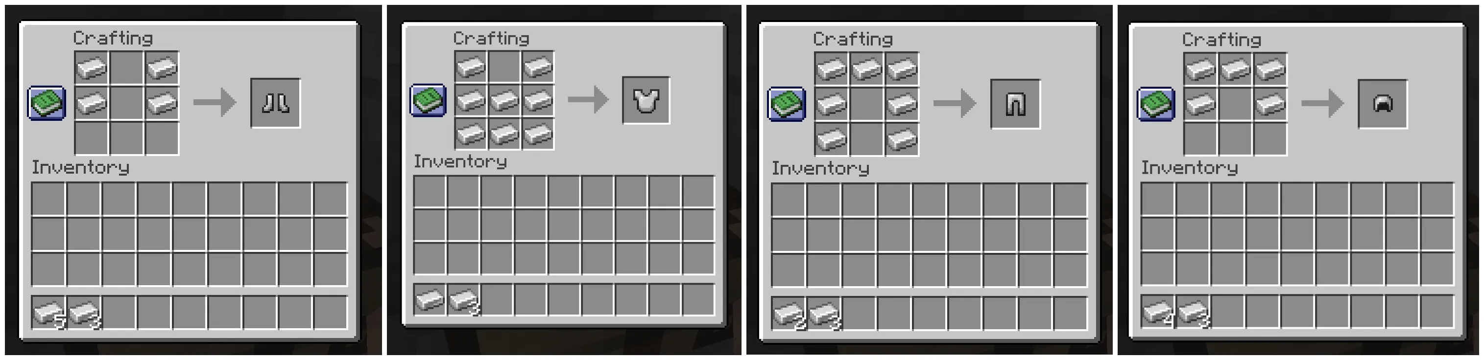 Minecraft armor crafting recipes for helmet chestplate leggings and boots using iron ingots