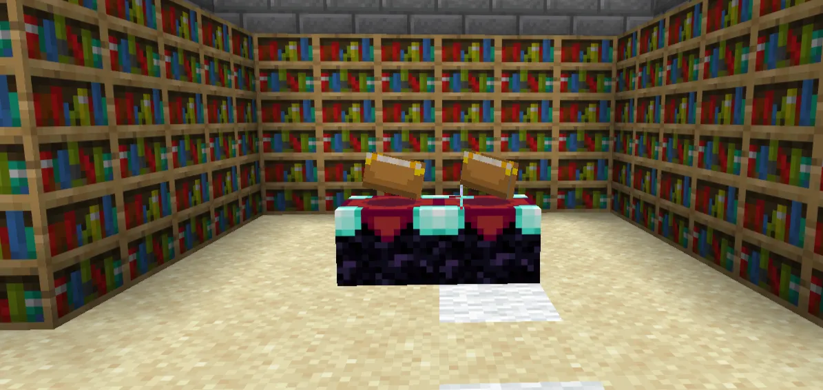 Minecraft enchanting table setup with 15 bookshelves