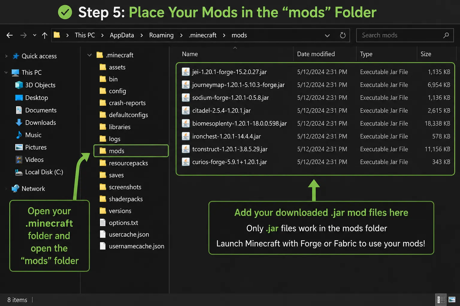 Minecraft mods folder showing jar files for mod installation step