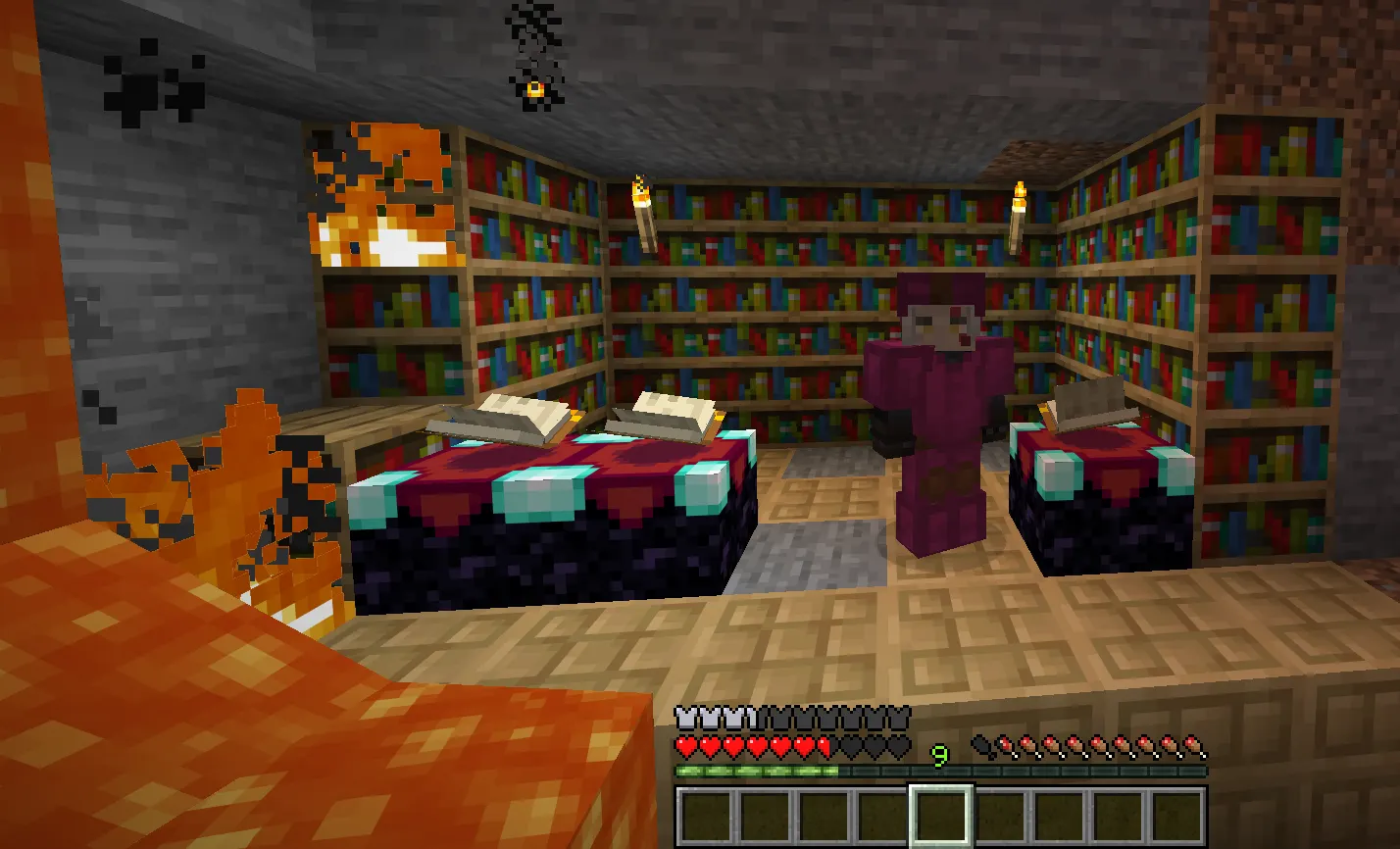 Fully enchanted Netherite armor beside an enchantment table in Minecraft