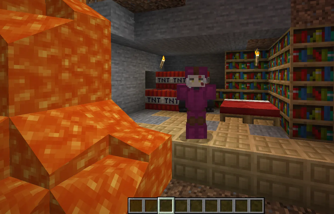 Minecraft player mining Ancient Debris in the Nether using TNT near lava