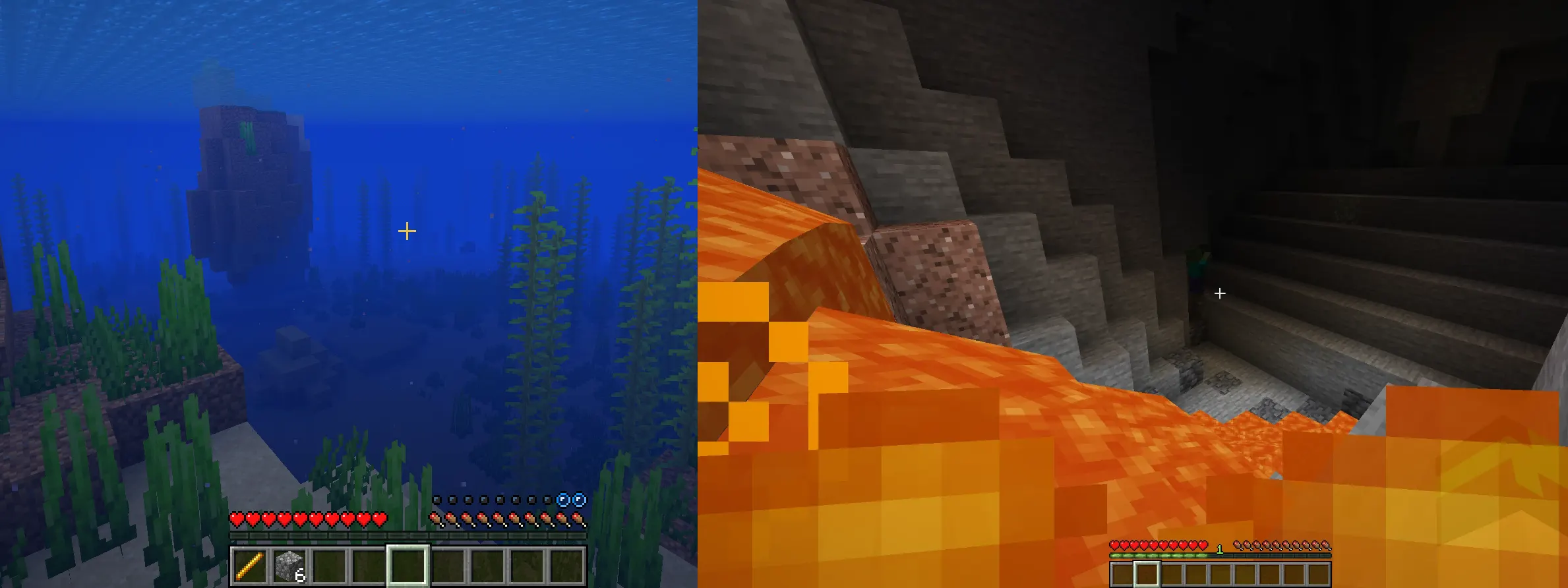A Minecraft player using potion effects while exploring an ocean monument underwater safely