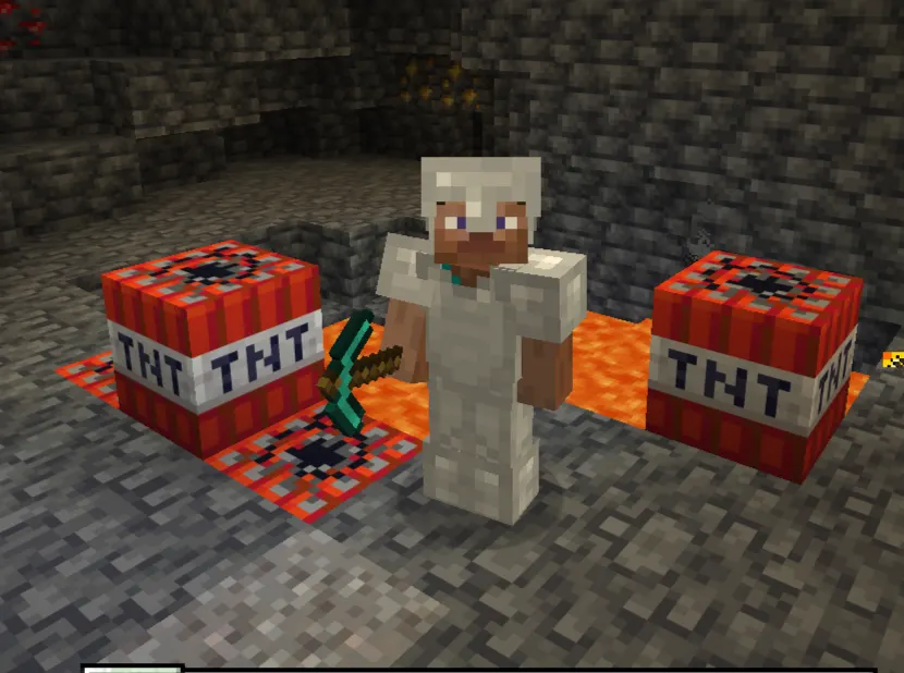 Minecraft player mining Ancient Debris in the Nether using TNT near lava