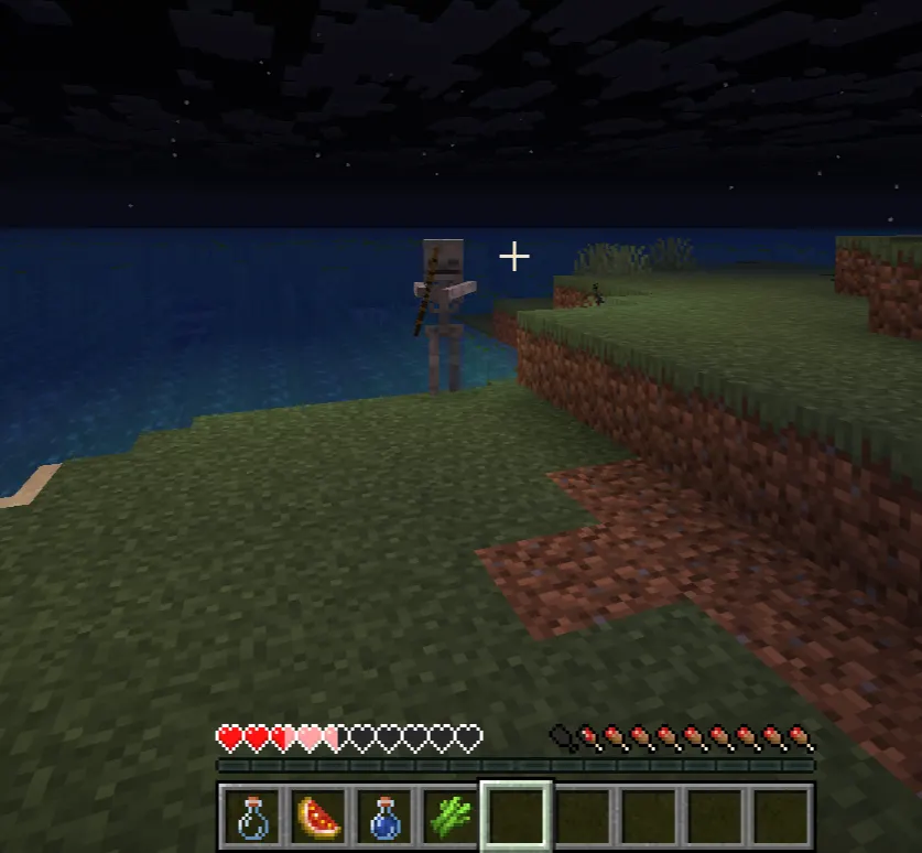 A Minecraft player using a strength potion during combat against mobs