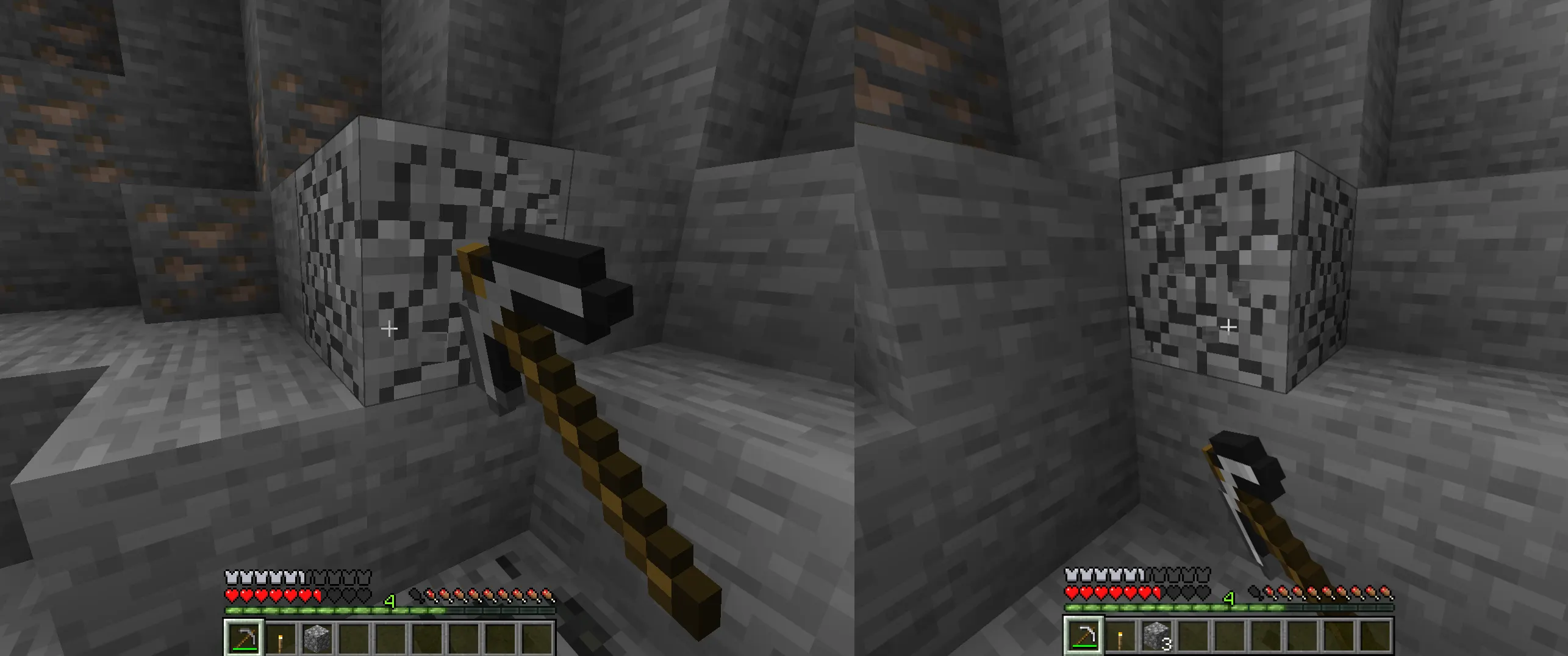 The stone pickaxe compared to the iron pickaxe's mining speed in Minecraft