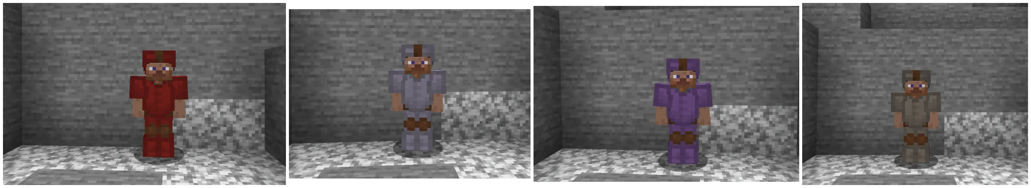 Dyed leather armor sets in different colors displayed on armor stands in Minecraft