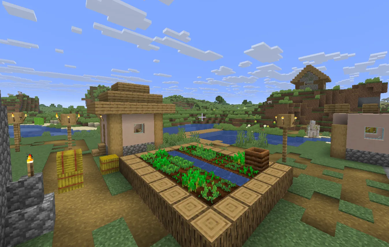 Minecraft plains village with farms and houses