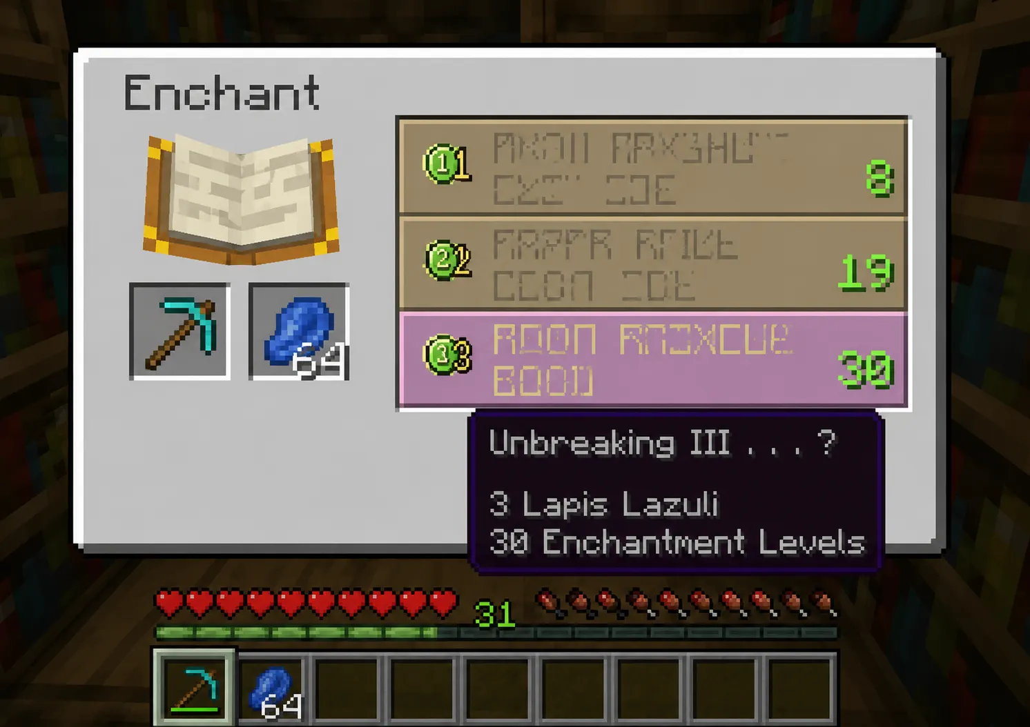 Level 30 enchantment on a diamond pickaxe using lapis lazuli in Minecraft enchanting table UI