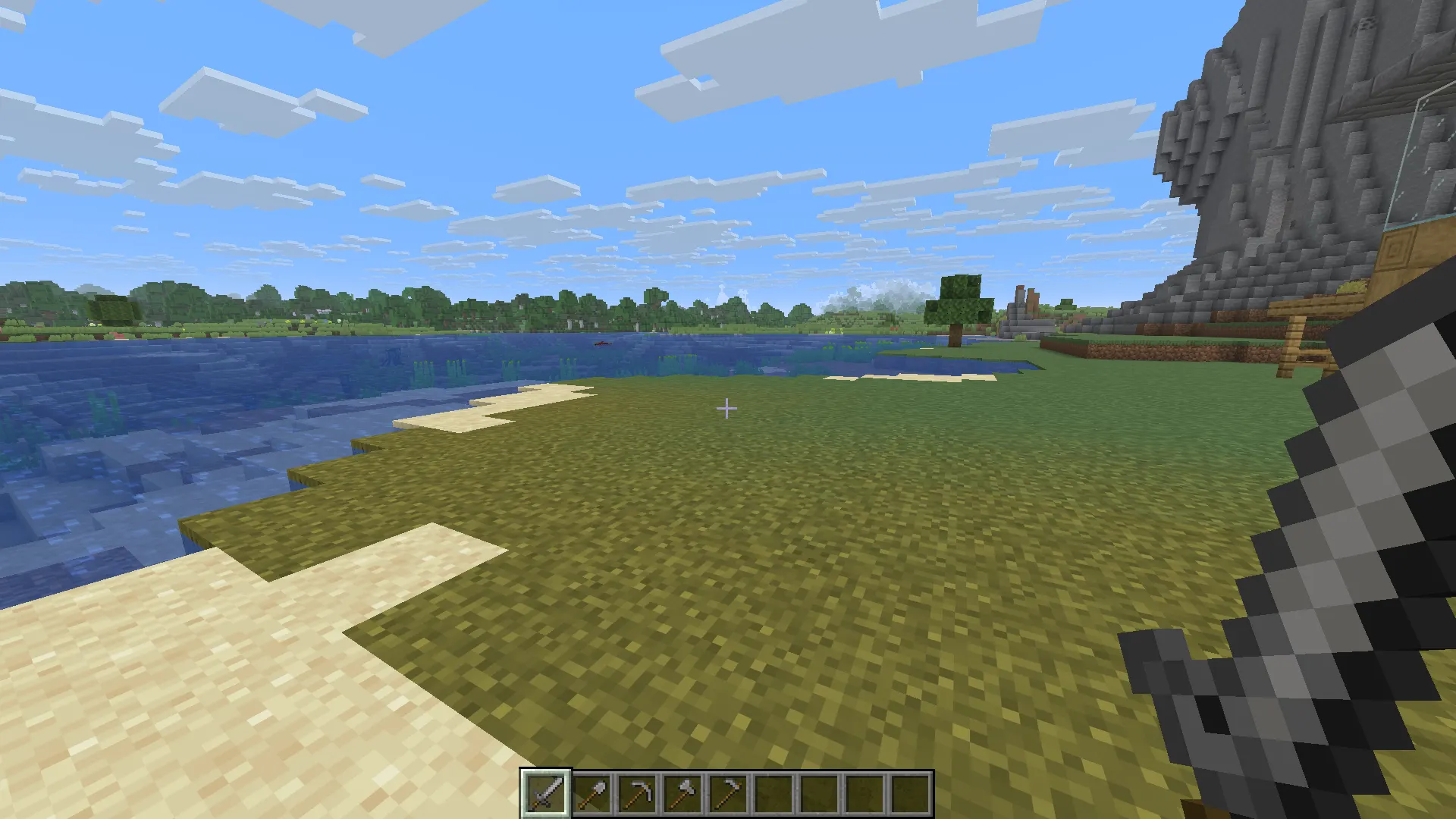 Complete stone tool set in Minecraft, including pickaxe, axe, sword, shovel, and hoe