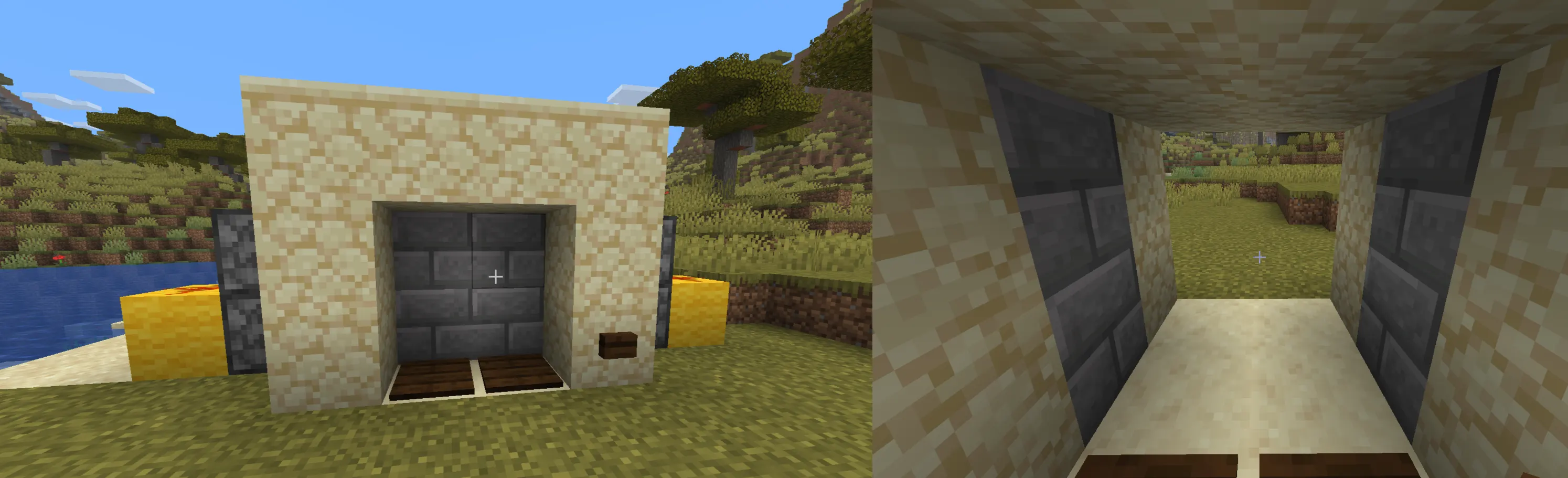 "Minecraft hidden piston door activated by redstone lever showing secure base entrance mechanism"