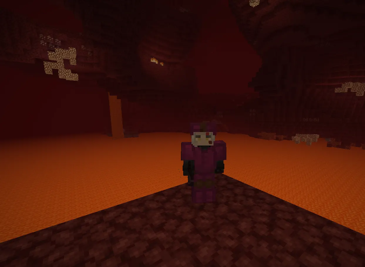 Minecraft player wearing full enchanted Netherite armor in an endgame survival world