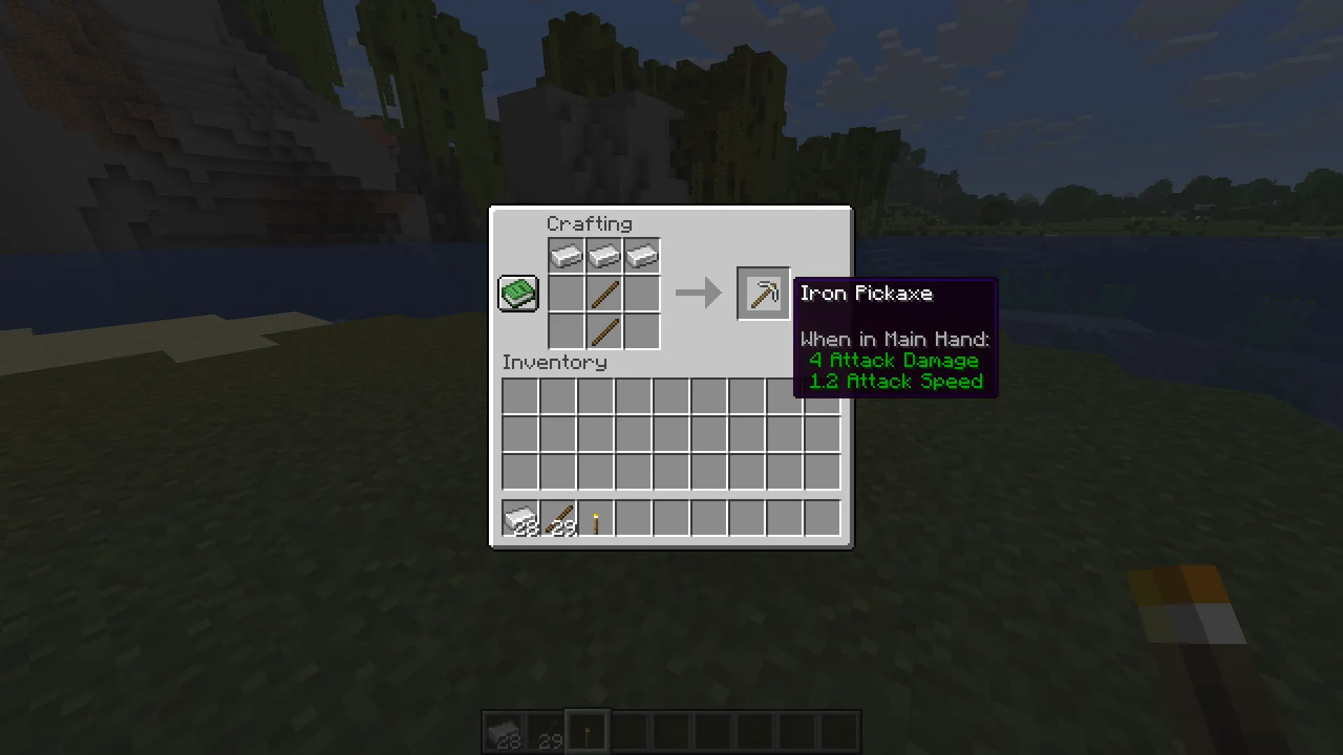 Iron pickaxe crafting recipe in Minecraft crafting table