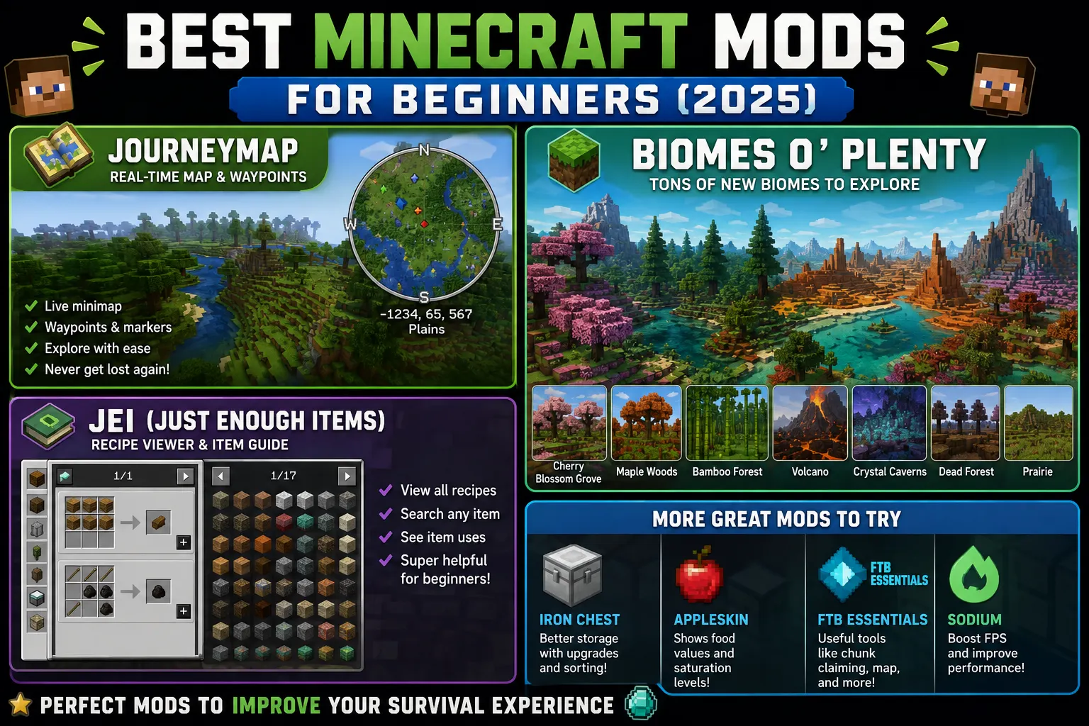 Best Minecraft mods for beginners, including JEI minimap and biome mods