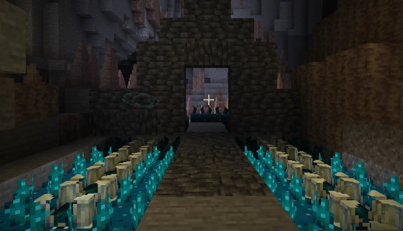 Ancient City entrance showing soul fire and deepslate brick structures