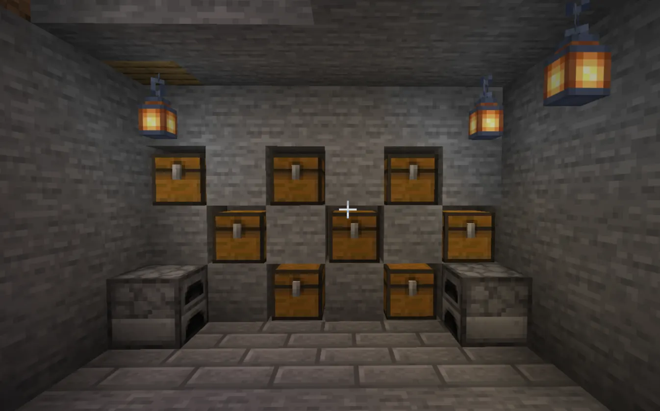 Minecraft underground vault storage room with organized chest alcoves