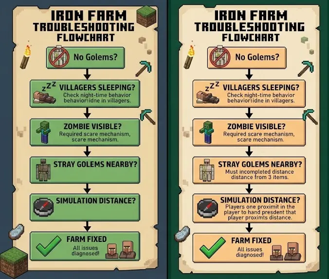 Minecraft iron farm troubleshooting flowchart for diagnosing spawning issues