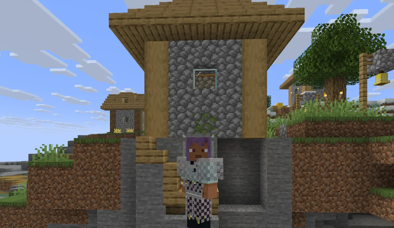A plains village with the stone well highlighted and a vertical cutaway showing underground exploration beneath it.