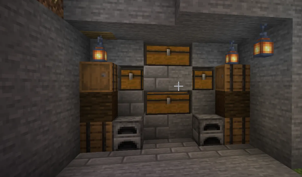 Minecraft medieval storage room using barrels lanterns and wooden beams