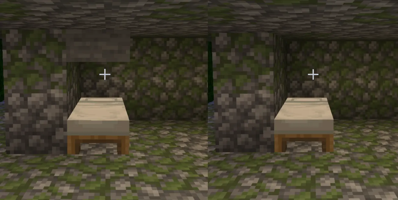 Minecraft villager bed linking example showing valid and blocked bed setups for iron farms