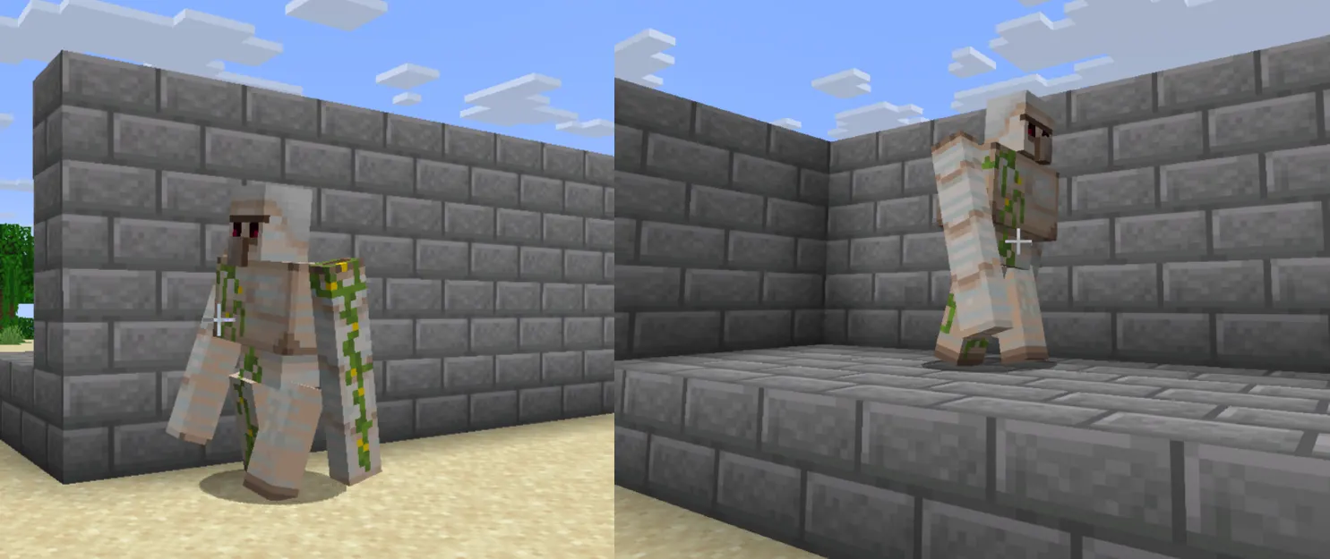 Iron golem spawning outside farm compared to correct spawn platform placement in Minecraft