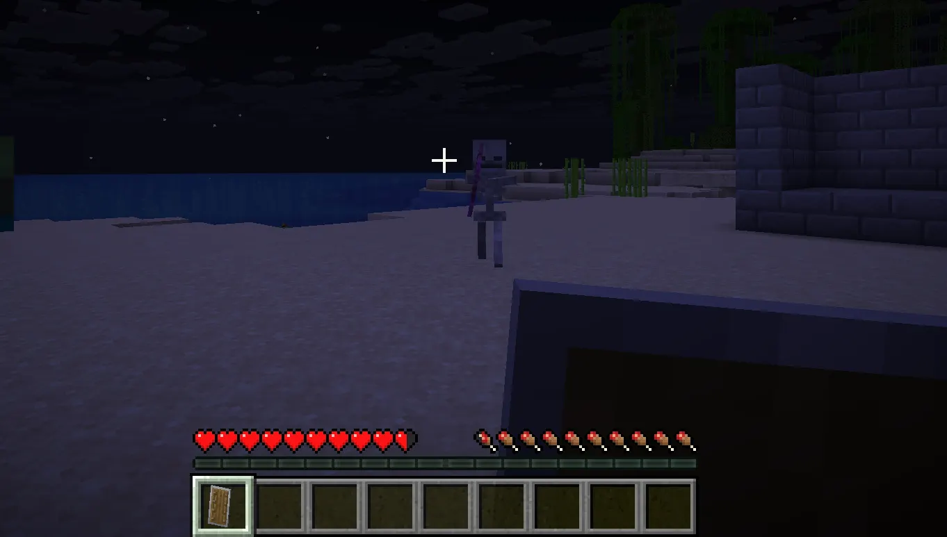 Player blocking skeleton arrows with a shield in Minecraft