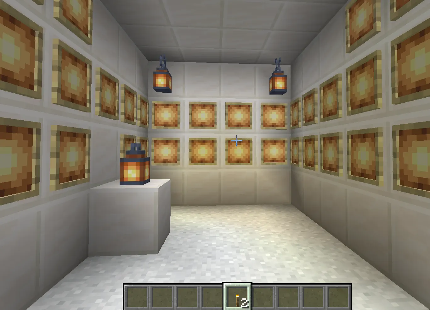 Modern Minecraft storage hall built with quartz and organized chest sections