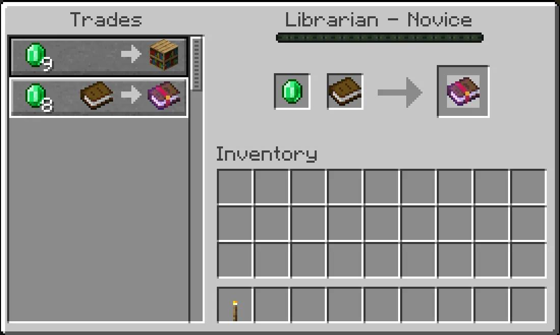  Librarian villager offering a Mending enchanted book trade