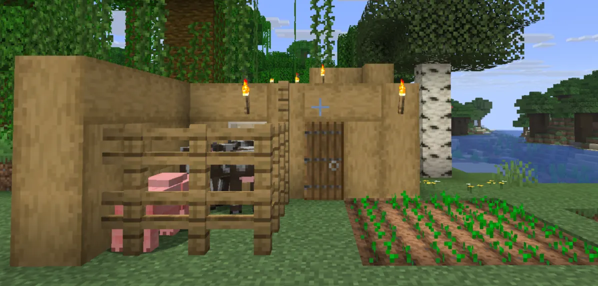 Minecraft early game survival base with farm tools and iron armor