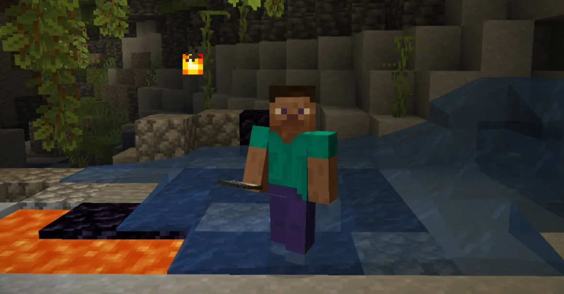 Minecraft diamond mining near lava using a water bucket for safe exploration