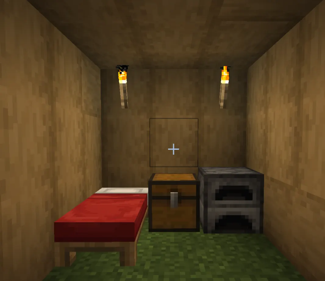 Early game Minecraft storage setup with chests, furnace, and crafting table