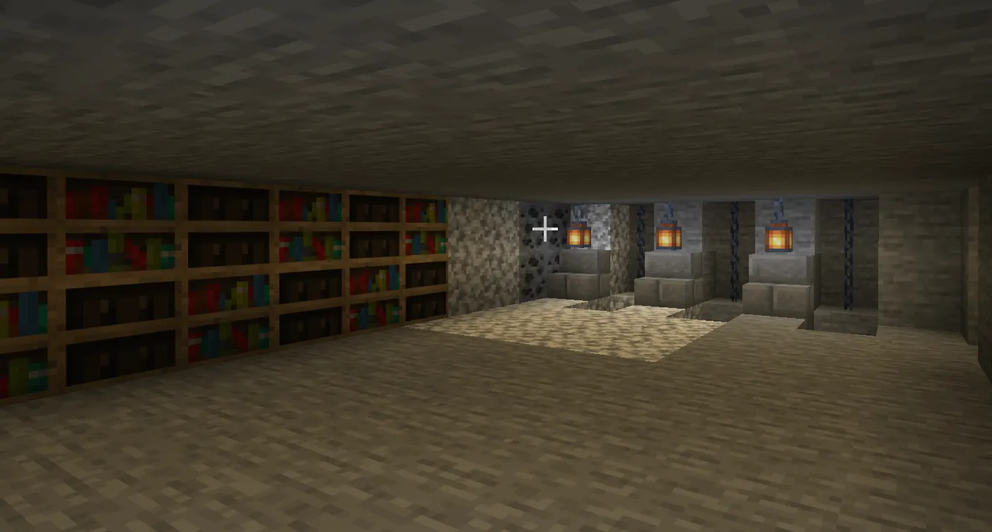 Wide underground Stronghold showing stone brick hallways, stairs, libraries, and prison cells connected together.