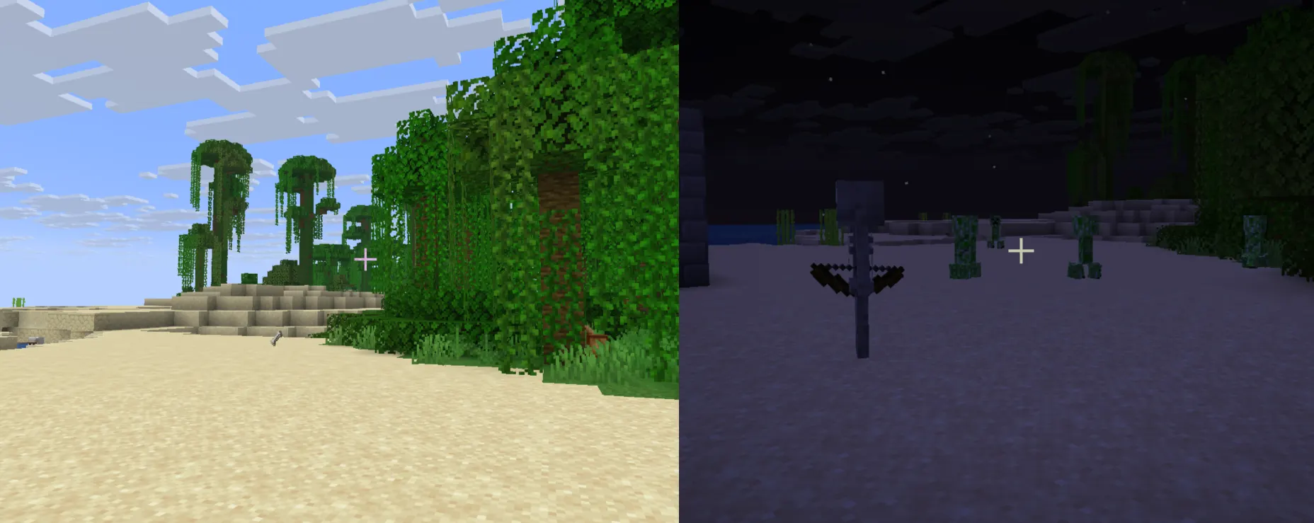Minecraft peaceful mode compared to hard difficulty showing hostile mob spawning differences