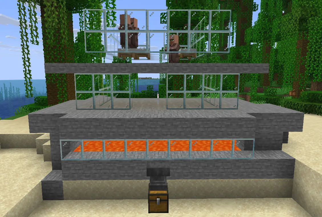 Working Minecraft iron farm showing villagers, zombie panic system, beds, workstations and golem collection chamber