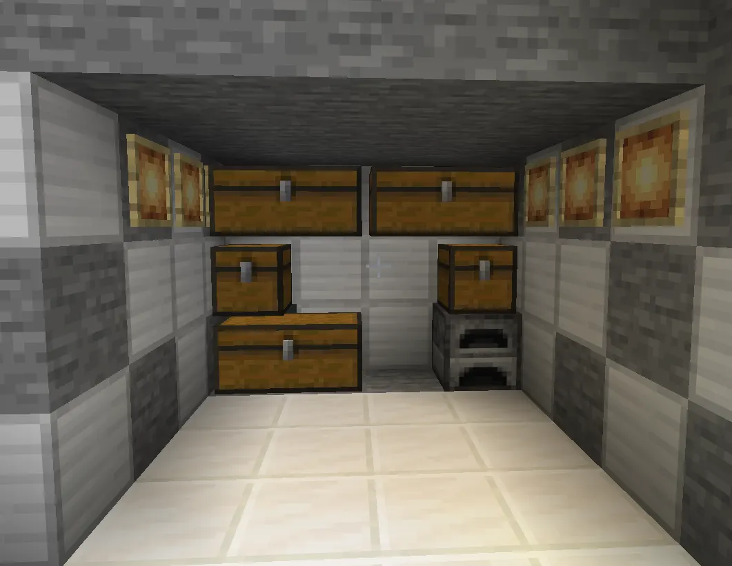 Industrial Minecraft warehouse storage room with large organized chest sections