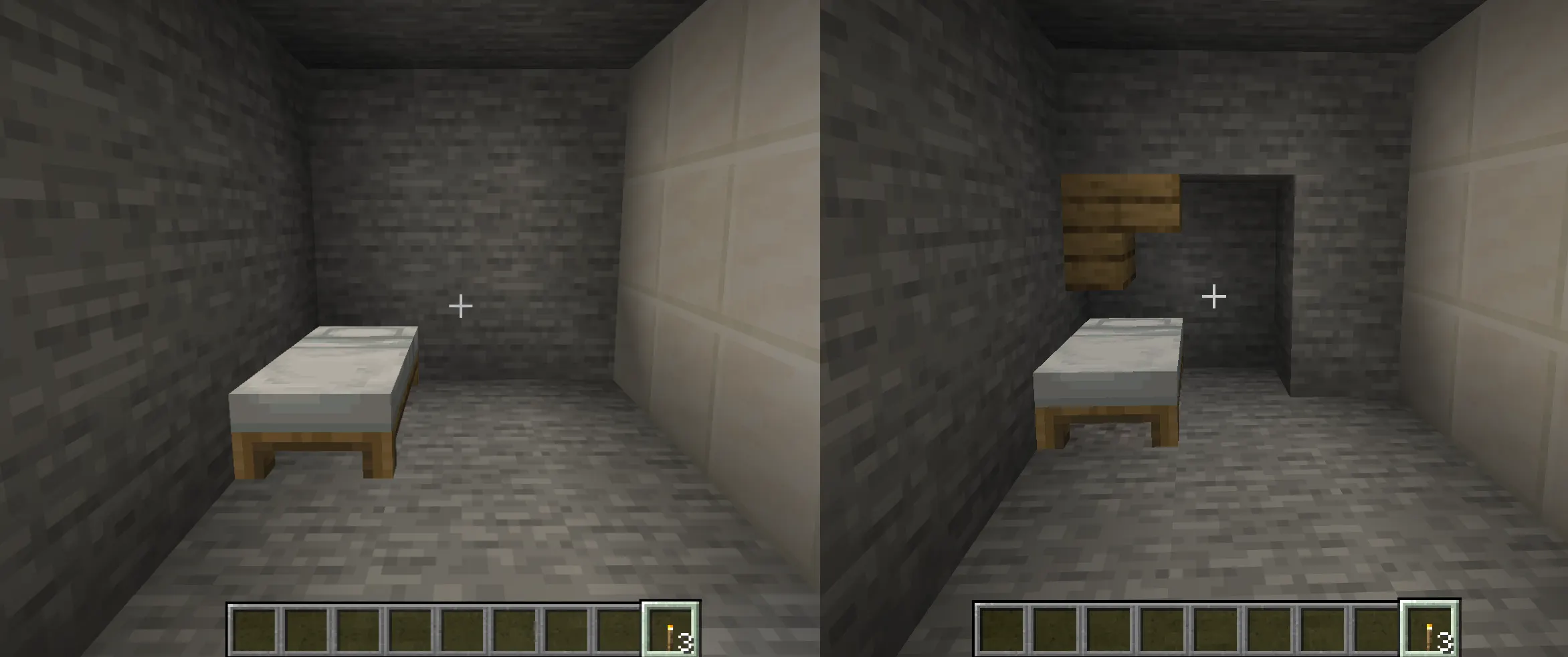 Valid and invalid villager bed setup showing required air space above bed