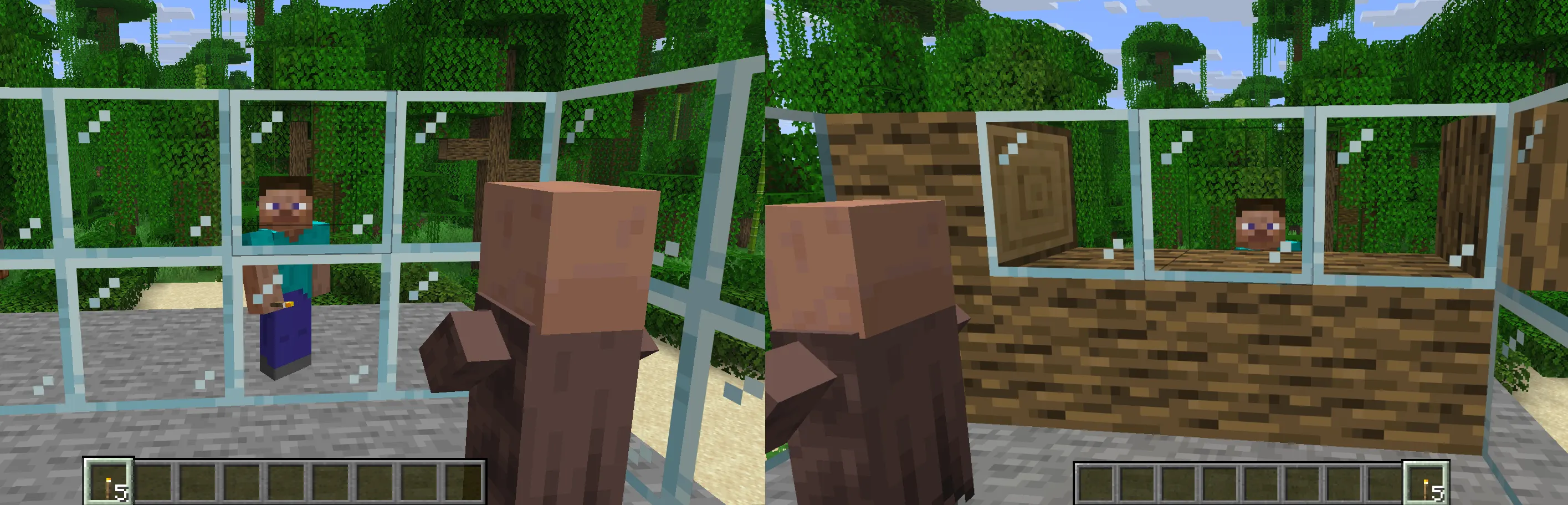 Minecraft iron farm zombie line of sight comparison showing correct and incorrect panic setup