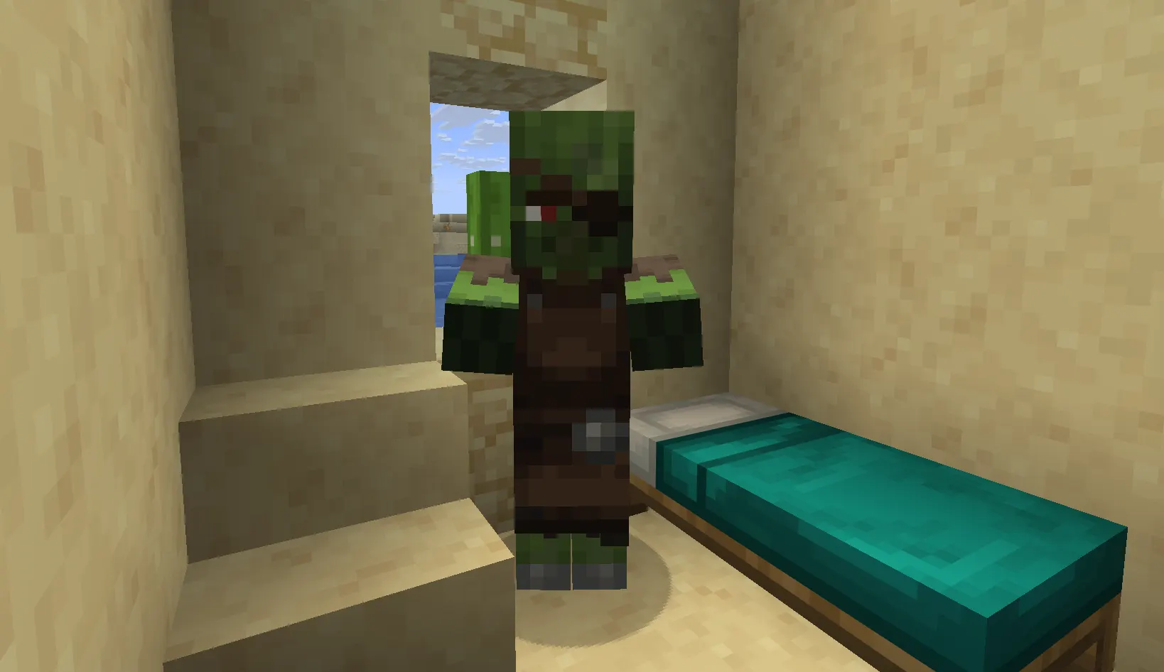 Zombie villager in a Minecraft village at night