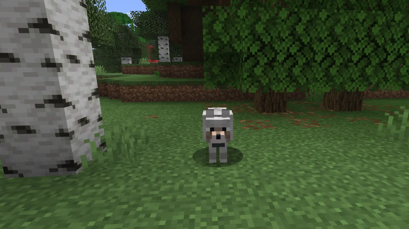 Tamed adult wolf wearing Wolf Armor in Minecraft