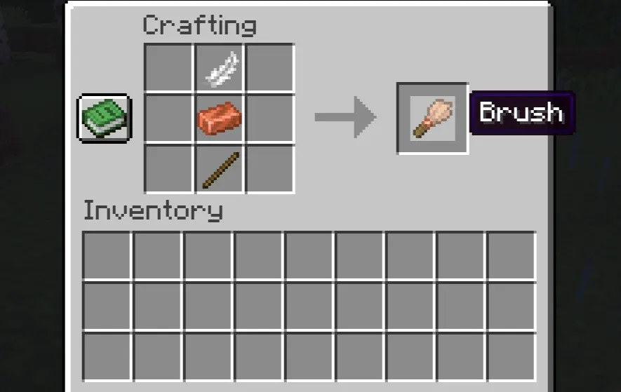 Minecraft Brush crafting recipe using a Feather, Copper Ingot, and Stick