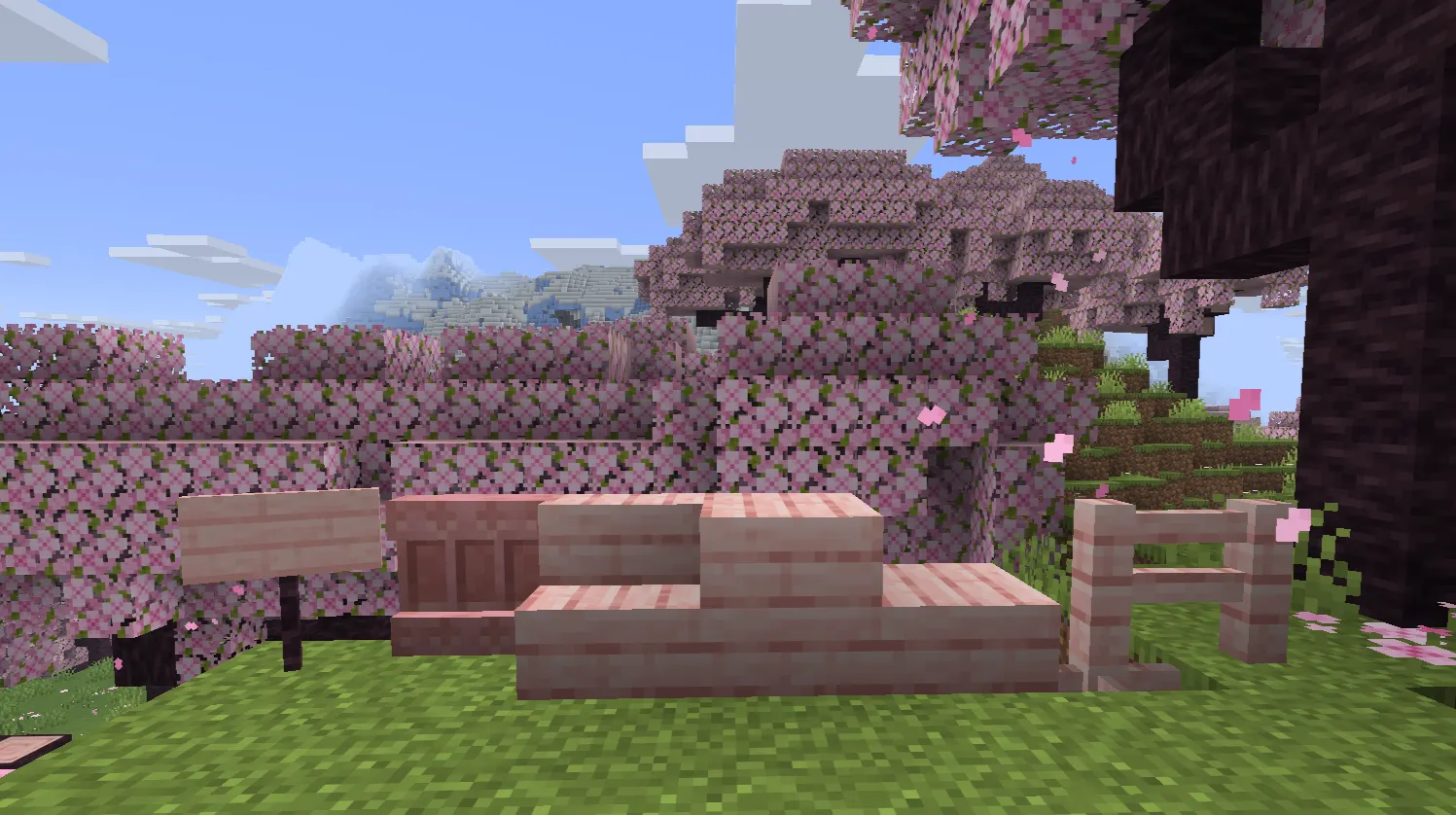 Cherry wood building blocks and crafted items in Minecraft