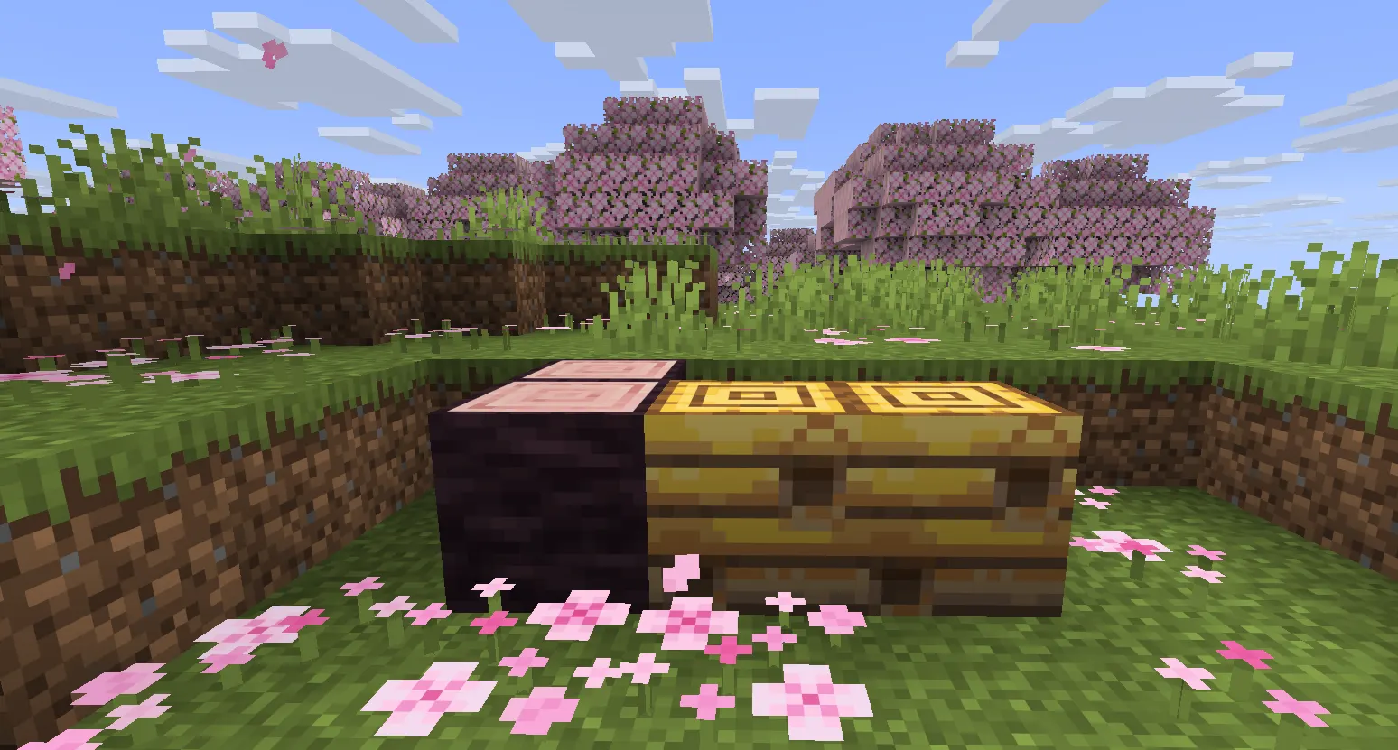 Resources available in the Cherry Grove biome including cherry wood and bee nest