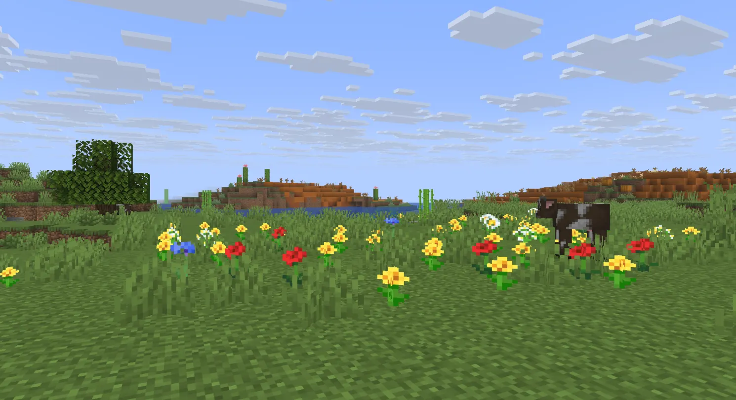 Flat, open Plains biome in Minecraft showing long sightlines with a zombie visible in the distance.