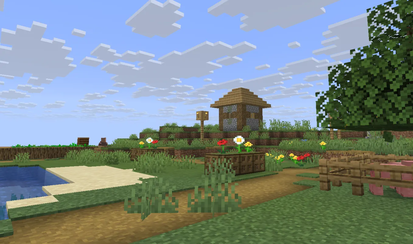  Plains-style village in Minecraft with oak-wood houses, a central well, and an iron golem