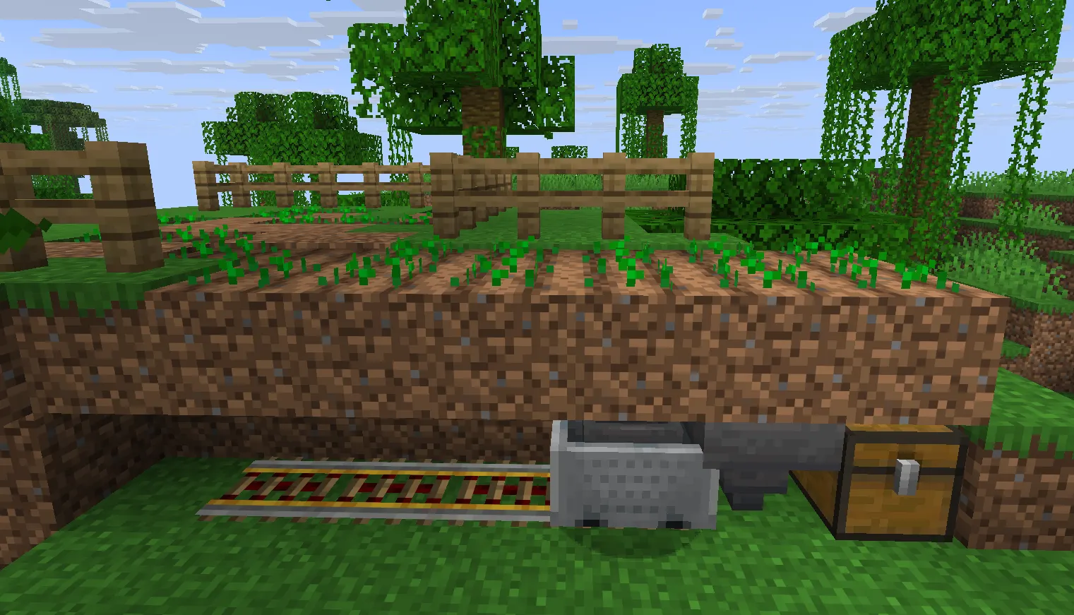  Automatic wheat farm collecting wheat and seeds into a chest in Minecraft